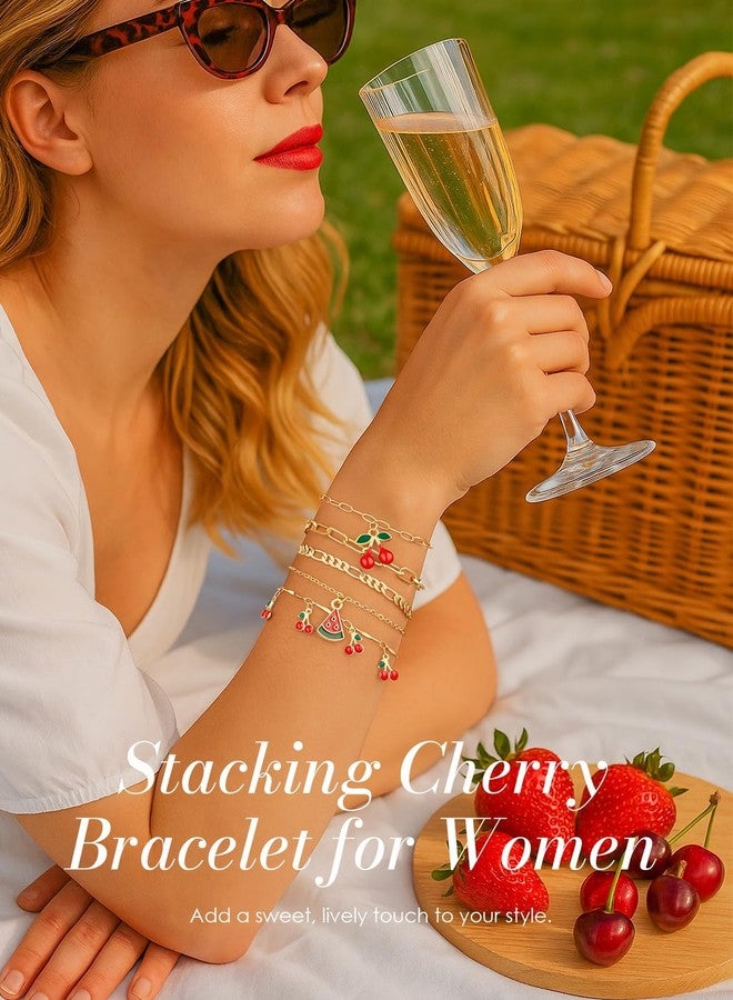 Tiefebene 6Pcs Gold Bracelets for Women, Cherry Gold Plated Bracelet Stack Paperclip Chain, Waterproof Non-Tarnish Chain Bracelet Set, Dainty Trendy Jewelry Gift, Adjustable 6.7-8.7" - Image 3